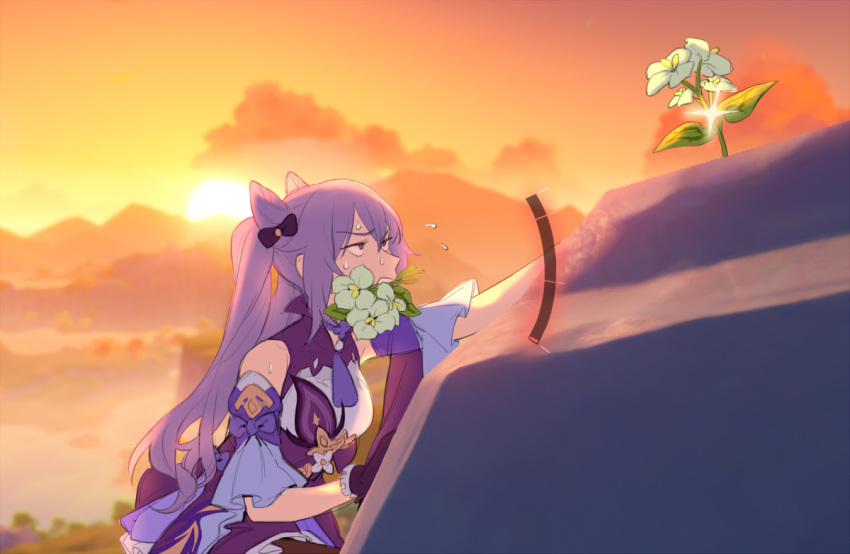 1girl bangs blue_eyes climbing clouds eyebrows_visible_through_hair flower gameplay_mechanics genshin_impact gloves keqing_(genshin_impact) landscape long_hair long_sleeves maiqo mountain mouth_hold nature outdoors scenery sky solo sparkle sunset sweat twintails