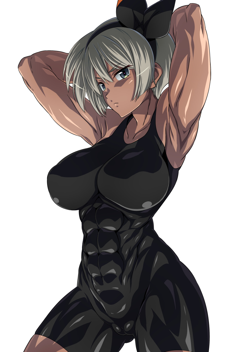 1girl abs absurdres armpits arms_behind_head arms_up bangs bea_(pokemon) black_bodysuit black_hairband bodysuit bow_hairband breasts collarbone covered_abs dark_skin dark-skinned_female grey_eyes grey_hair gym_leader hair_between_eyes hairband highres j.h. large_breasts looking_at_viewer muscular muscular_female pokemon pokemon_(game) pokemon_swsh short_hair short_sleeves simple_background thighs toned