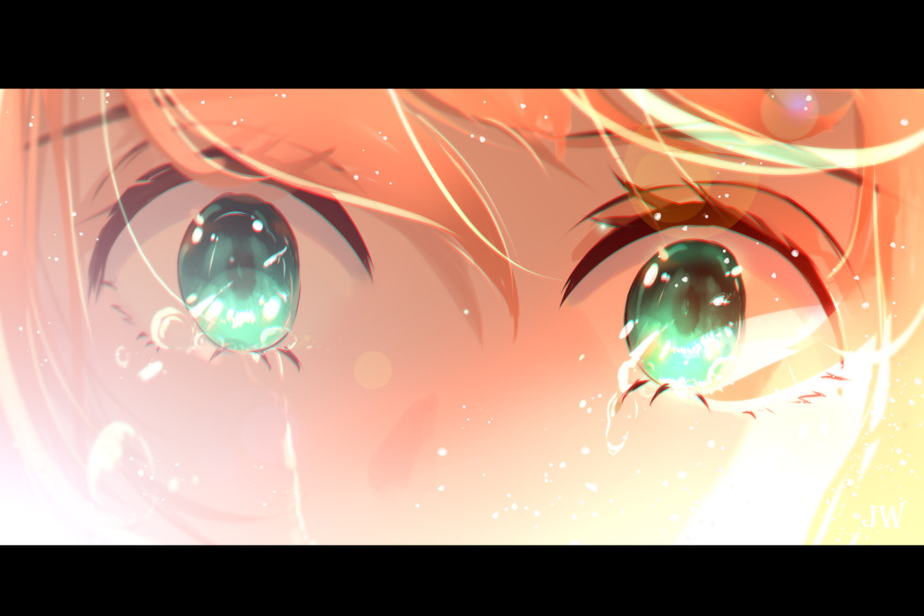 1girl blonde_hair blurry bokeh crying crying_with_eyes_open depth_of_field eyes green_eyes highres letterboxed light_particles original sad skyrick9413 tears