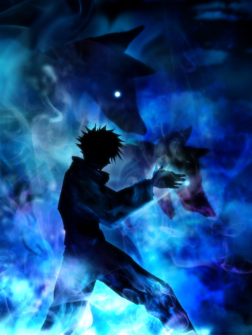 1boy blue_background blue_theme dog_shadow_puppet feet_out_of_frame fushiguro_megumi glowing glowing_eye harada_miyuki high_collar highres jujutsu_kaisen long_sleeves male_focus own_hands_together pants shadow_puppet short_hair silhouette solo spiky_hair standing