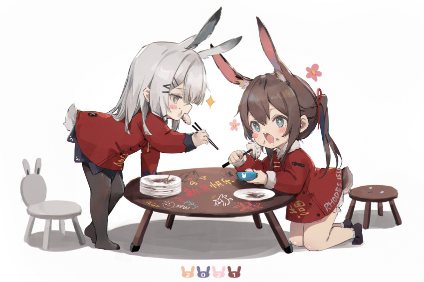 2021 2girls amiya_(arknights) animal_ear_fluff animal_ears arknights black_footwear black_legwear black_skirt bloomers blue_eyes blush_stickers bowl brown_hair bunny_tail chair child chopsticks crayon_drawing dated dirty drawing dress eating flower food food_on_face frostnova_(arknights) full_body grey_eyes hair_ornament hairclip happy_new_year holding kneeling leaning_forward legs long_hair mamemena mouth_hold multiple_girls new_year outstretched_arm pantyhose plate ponytail rabbit_ears red_dress red_shirt ribbon shirt short_dress silver_hair simple_background skirt socks standing stool table tail teeth thighs underwear white_background white_bloomers writing younger