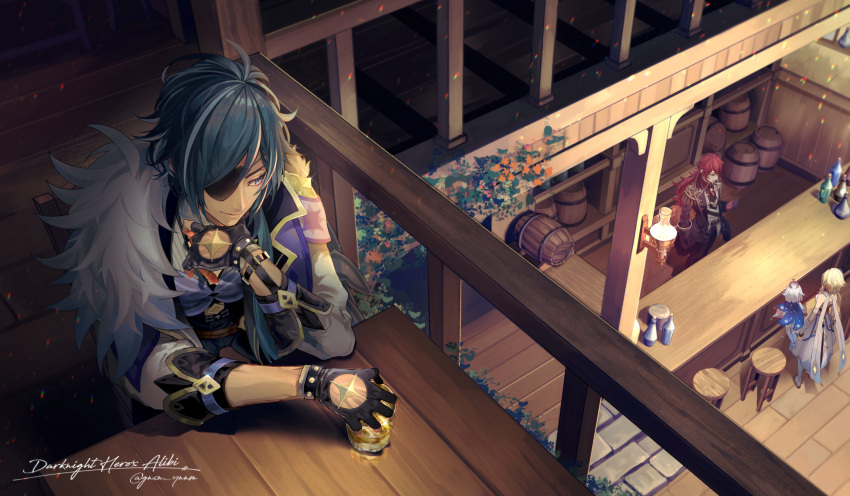 2boys 2girls absurdres alcohol artist_name barrel black_gloves blonde_hair blue_hair chair closed_mouth counter cup diluc_(genshin_impact) drink drinking_glass eyepatch fingerless_gloves floating fur_trim genshin_impact gloves hand_on_own_chin highres indoors jacket kaeya_(genshin_impact) kiyubuno long_hair looking_down lumine_(genshin_impact) male_focus multicolored_hair multiple_boys multiple_girls paimon_(genshin_impact) ponytail railing redhead refraction sitting smile standing stool streaked_hair twitter_username white_hair wide_shot