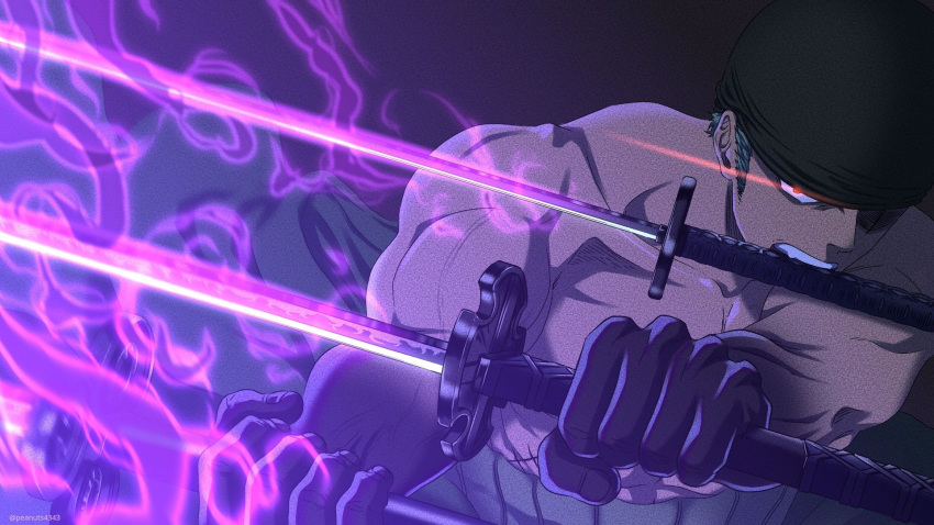 1boy abs bandana fighting_stance glowing glowing_eye glowing_weapon green_hair haki highres holding holding_sword holding_weapon katana large_pectorals male_focus mouth_hold muscular muscular_male nipples one_piece pinattsu roronoa_zoro scar scar_across_eye scar_on_chest short_hair solo stomach sword triple_wielding upper_body weapon