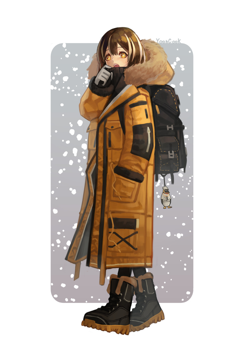 1girl absurdres arknights artist_name backpack bag bangs bird black_footwear black_legwear boots brown_hair coat from_side full_body fur_trim gloves hand_in_pocket hand_up high_collar highres hood long_sleeves looking_at_viewer looking_to_the_side magallan_(arknights) medium_hair multicolored_hair open_clothes open_coat open_mouth penguin sidelocks sleeves_past_wrists snow socks solo standing streaked_hair upper_teeth white_gloves yellow_coat yellow_eyes yoon_cook