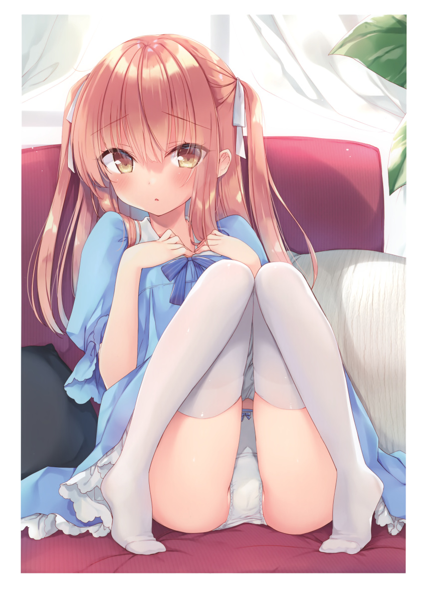 1girl :&lt; absurdres bangs blue_dress blue_ribbon blush bow bow_panties brown_eyes brown_hair couch curtains dress eyebrows_visible_through_hair frilled_dress frills hair_between_eyes hair_ribbon highres long_hair looking_at_viewer melonbooks no_shoes on_couch open_mouth panties plant ribbon sazaki_ichiri scan sidelocks sitting solo thigh-highs thighs twintails underwear white_legwear white_panties white_ribbon window