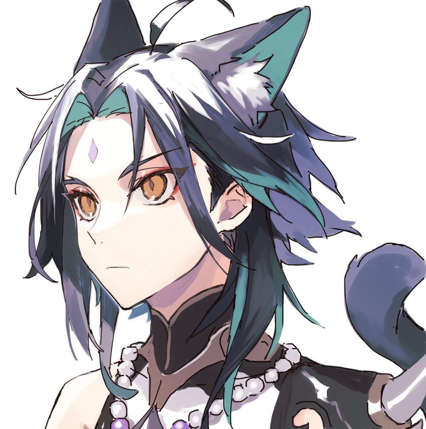 1boy aee_gnsn ahoge animal_ears bangs bare_shoulders bead_necklace beads black_hair cat_ears cat_tail closed_mouth eyebrows_visible_through_hair eyes_visible_through_hair facial_mark forehead_mark genshin_impact green_hair highres jewelry long_hair looking_to_the_side male_focus multicolored_hair necklace parted_bangs shoulder_spikes simple_background sleeveless slit_pupils solo spikes tail white_background xiao_(genshin_impact) yellow_eyes