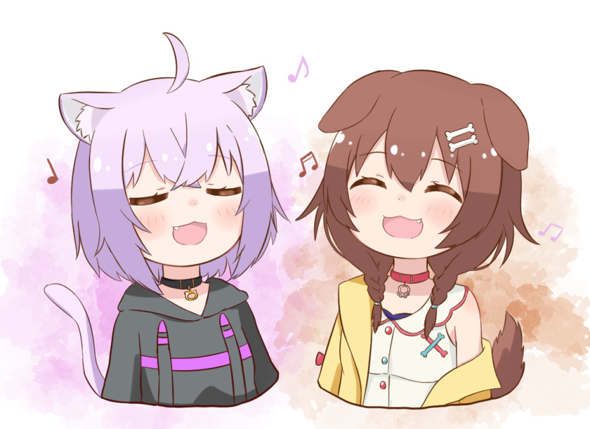 2girls :3 :d ^_^ ahoge animal_collar animal_ear_fluff animal_ears bangs beamed_eighth_notes black_collar black_hoodie blush bone_hair_ornament braid brown_hair buttons cartoon_bone cat_ears cat_girl cat_tail closed_eyes collar commentary cropped_torso dog_ears dog_girl dog_tail drawstring dress eighth_note eyebrows_visible_through_hair fang floppy_ears gradient gradient_background hair_between_eyes hair_ornament hairclip happy hololive hood hood_down hoodie inugami_korone ixia_(ixia424) jacket long_hair long_sleeves low_twin_braids multiple_girls music musical_note nekomata_okayu off_shoulder open_clothes open_jacket open_mouth purple_hair red_collar short_dress short_hair singing sleeveless sleeveless_dress smile strap tail twin_braids upper_body virtual_youtuber white_dress yellow_jacket