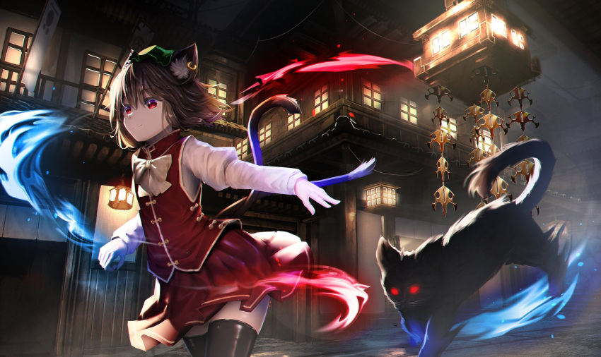1girl animal_ear_fluff animal_ears architecture black_cat black_legwear bow bowtie brown_hair cat cat_ears cat_tail chen chinese_clothes earrings east_asian_architecture green_headwear hat highres jewelry juliet_sleeves long_sleeves mob_cap nekomata puffy_sleeves red_eyes red_skirt red_vest ryosios shirt skirt tail thigh-highs touhou vest white_shirt