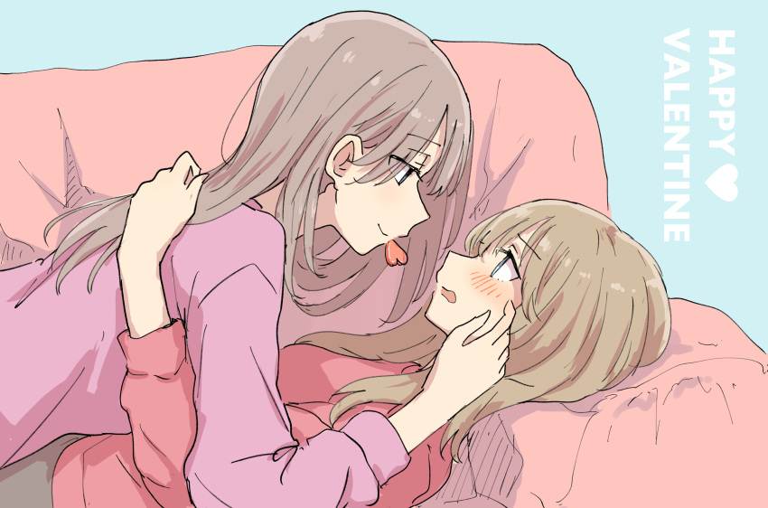 2girls absurdres betock blush brown_hair couch english_text eye_contact hand_on_another's_back hand_on_another's_face heart highres long_hair looking_at_another lying lying_on_person mouth_hold multiple_girls on_back original profile sketch valentine yuri