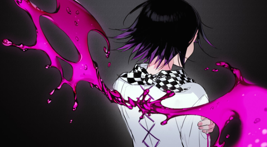 1boy black_hair checkered checkered_neckwear checkered_scarf commentary_request dangan_ronpa_(series) dangan_ronpa_v3:_killing_harmony fake_wings from_behind grey_background hand_up jacket long_sleeves male_focus multicolored multicolored_background multicolored_hair on_(onon2659) ouma_kokichi purple_hair scarf solo two-tone_hair upper_body white_jacket wings