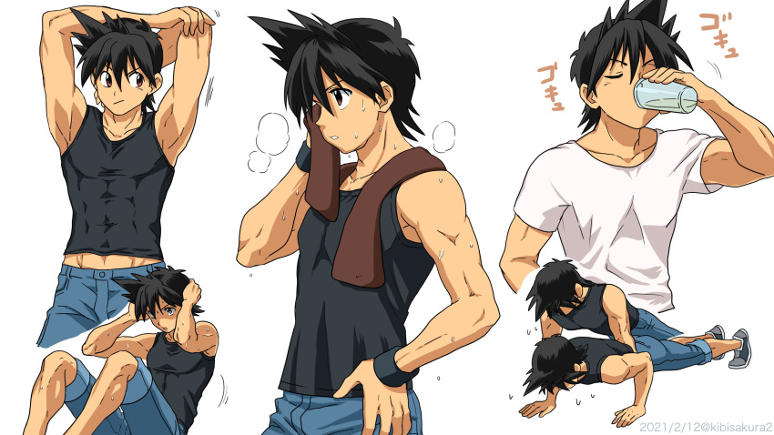 1boy abs armpits artist_name bangs black_hair black_shirt brown_eyes brown_towel closed_eyes closed_mouth commentary_request cup dated drinking exercise hand_on_hip highres kibisakura2 male_focus multiple_views parted_lips pokemon pokemon_adventures red_(pokemon) shirt short_sleeves shorts sideways_glance sleeveless sleeveless_shirt stretch sweat towel towel_around_neck white_shirt