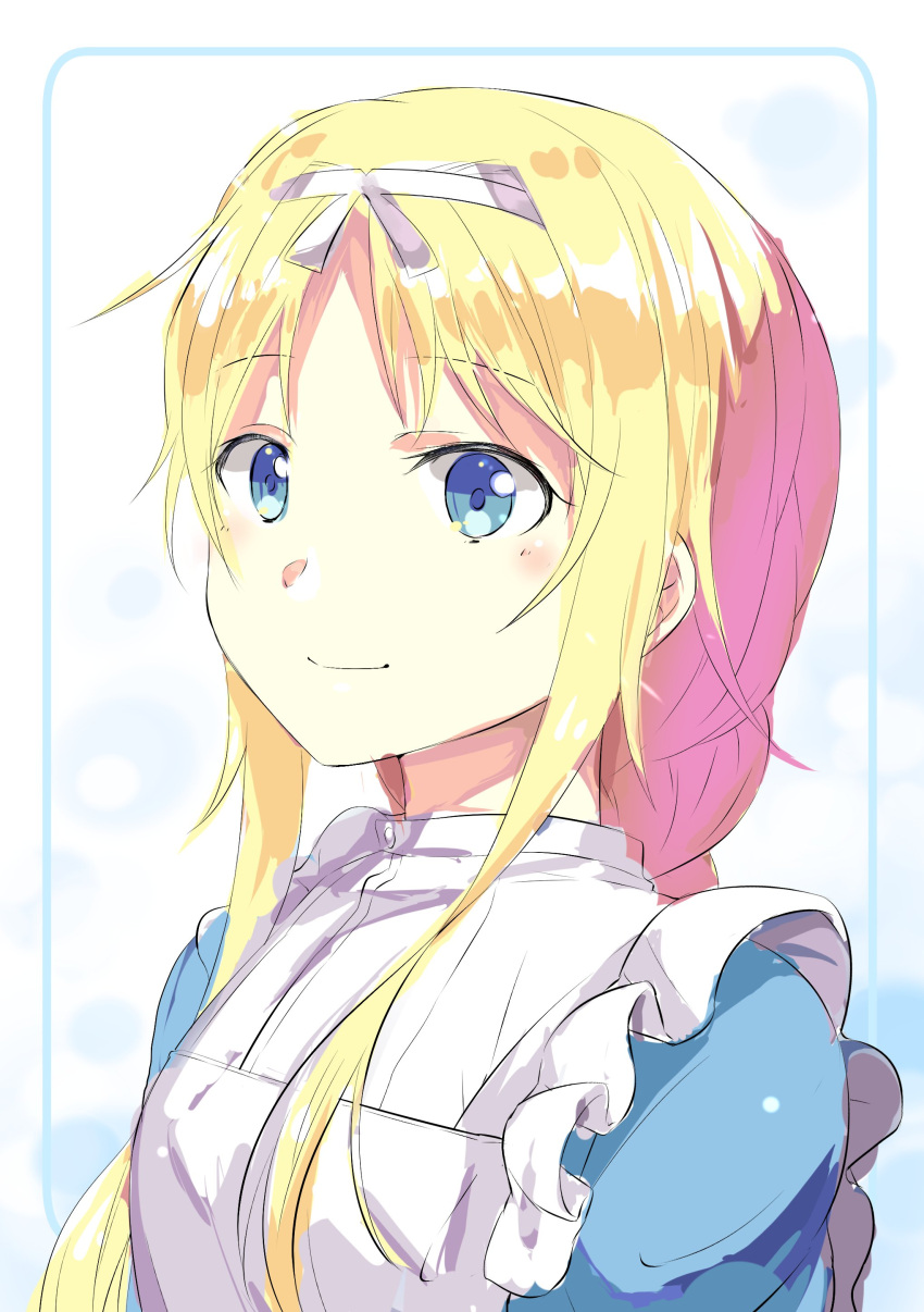 1girl absurdres alice_zuberg apron bangs blonde_hair blue_eyes blue_shirt closed_mouth eyebrows_visible_through_hair hairband highres long_hair shiny shiny_hair shirt sketch smile solo sword_art_online upper_body white_apron white_hairband yamei