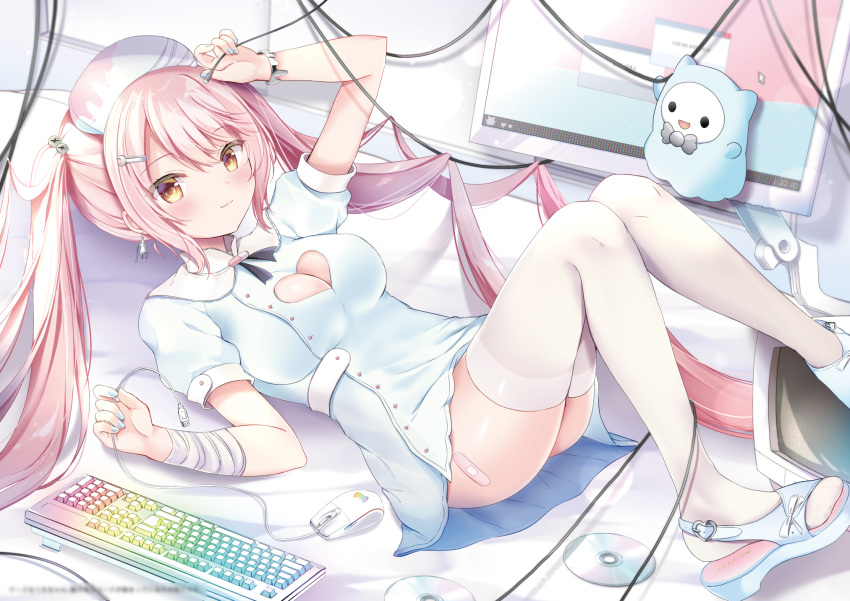 1girl bandage bandages cable cd computer doll indoors keyboard looking_at_viewer mouse nurse pink_hair smile stockings thighs twintails very_long_hair white_legwear white_shirt white_shoes yellow_eyes