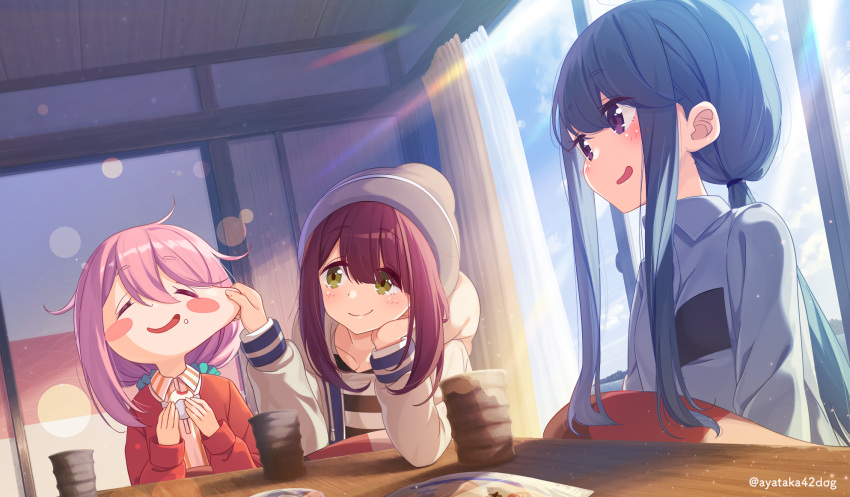 3girls ayataka bangs beanie blue_hair blue_shirt blue_sky blush_stickers brown_hair cardigan cheek_pull closed_eyes closed_mouth collarbone commentary_request cup curtains day eyebrows_visible_through_hair food green_eyes hat headwear highres holding holding_food indoors kagamihara_nadeshiko kotatsu lens_flare long_hair long_sleeves multiple_girls ocean open_mouth pink_hair plate red_cardigan shima_rin shirt sidelocks sky smile striped striped_sweater sunlight sweater table toki_ayano twitter_username violet_eyes white_shirt white_sweater window yurucamp
