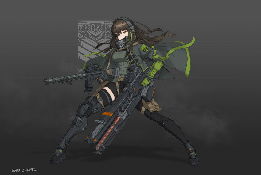 1girl absurdres artist_name assault_rifle bangs black_footwear black_gloves black_legwear breasts brown_hair dual_wielding exoskeleton eyebrows_visible_through_hair eyepatch full_body girls_frontline gloves green_hair green_jacket gun hair_between_eyes headphones highres holding holding_gun holding_weapon jacket long_hair m4a1_(girls_frontline) marksanwel open_clothes open_jacket orange_eyes rifle scarf solo thigh-highs weapon