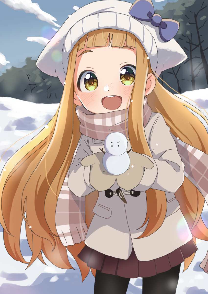 1girl absurdres beanie brown_hair coat dashiikachan green_eyes hat highres ichihara_nina idolmaster idolmaster_cinderella_girls long_hair mittens open_mouth outdoors pantyhose scarf smile snow snowman solo winter_clothes