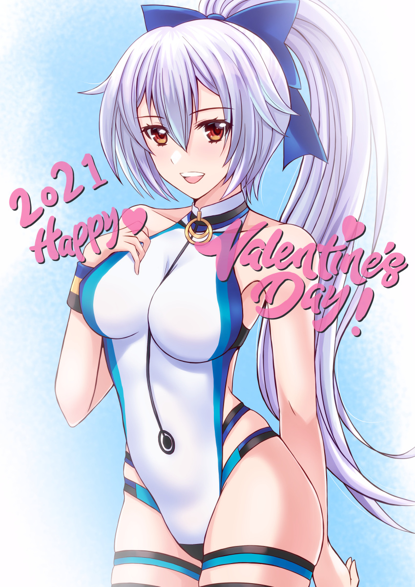 1girl 2021 :d absurdres bare_shoulders blue_background blue_bow blush bow breasts collarbone commentary_request competition_swimsuit fate/grand_order fate_(series) hair_between_eyes hair_bow happy_valentine heart highleg highleg_swimsuit highres long_hair looking_at_viewer medium_breasts one-piece_swimsuit open_mouth ponytail red_eyes sawwei005 silver_hair smile solo swimsuit tomoe_gozen_(fate) tomoe_gozen_(swimsuit_saber)_(fate) two-tone_swimsuit upper_body valentine