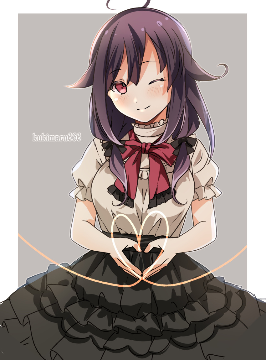 1girl absurdres ahoge alternate_costume artist_name black_hair black_skirt border commentary_request cowboy_shot frilled_blouse frilled_skirt frills grey_background hair_flaps heart heart_hands highres kantai_collection kukimaru long_hair looking_at_viewer low_twintails one_eye_closed red_eyes skirt solo taigei_(kancolle) twintails two-tone_background white_border