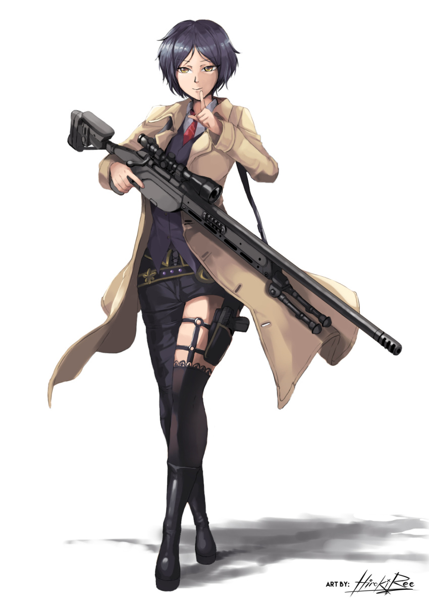 1girl artist_name asymmetrical_legwear bangs black_footwear black_hair black_legwear black_pants boots brown_jacket english_commentary eyebrows_visible_through_hair full_body gun handgun hayami_kanade highres hiroki_ree holding holding_gun holding_weapon idolmaster idolmaster_cinderella_girls jacket looking_at_viewer open_clothes open_jacket pants red_neckwear rifle shadow short_hair simple_background sniper_rifle solo weapon white_background yellow_eyes