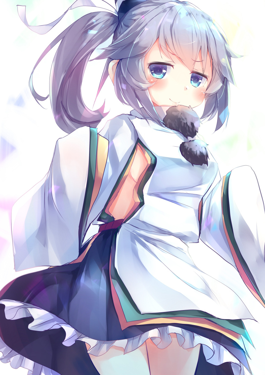 1girl absurdres bangs blue_eyes blue_headwear blush breasts closed_mouth commentary_request cowboy_shot eyebrows_visible_through_hair hat highres japanese_clothes kanzakietc kariginu mononobe_no_futo petticoat pom_pom_(clothes) ponytail sideboob silver_hair simple_background sleeves_past_fingers sleeves_past_wrists small_breasts smile solo standing tate_eboshi touhou v-shaped_eyebrows white_background