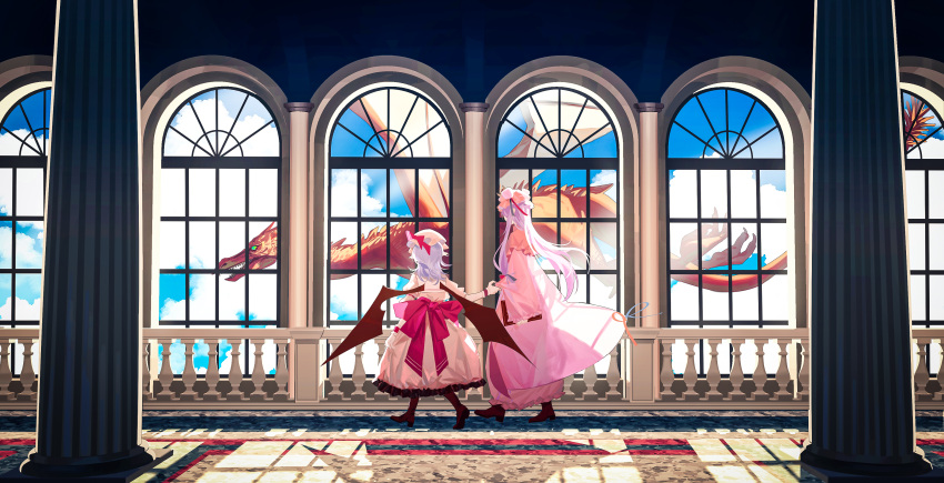 2girls absurdres bat_wings bow clouds column dragon dress from_behind hat high_heels highres holding_hands hong_meiling indoors long_hair mob_cap multiple_girls ouka_musci patchouli_knowledge pillar purple_hair railing remilia_scarlet shadow short_hair sky tail tail_bow tail_ornament touhou waling window wings