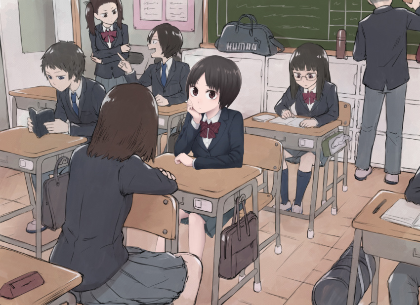 3boys 4girls bag black_hair brown_eyes chalkboard classroom commentary desk duffel_bag glasses looking_at_viewer medium_hair multiple_boys multiple_girls original reading school_desk school_uniform short_hair sitting sitting_backwards twintails yajirushi_(chanoma)