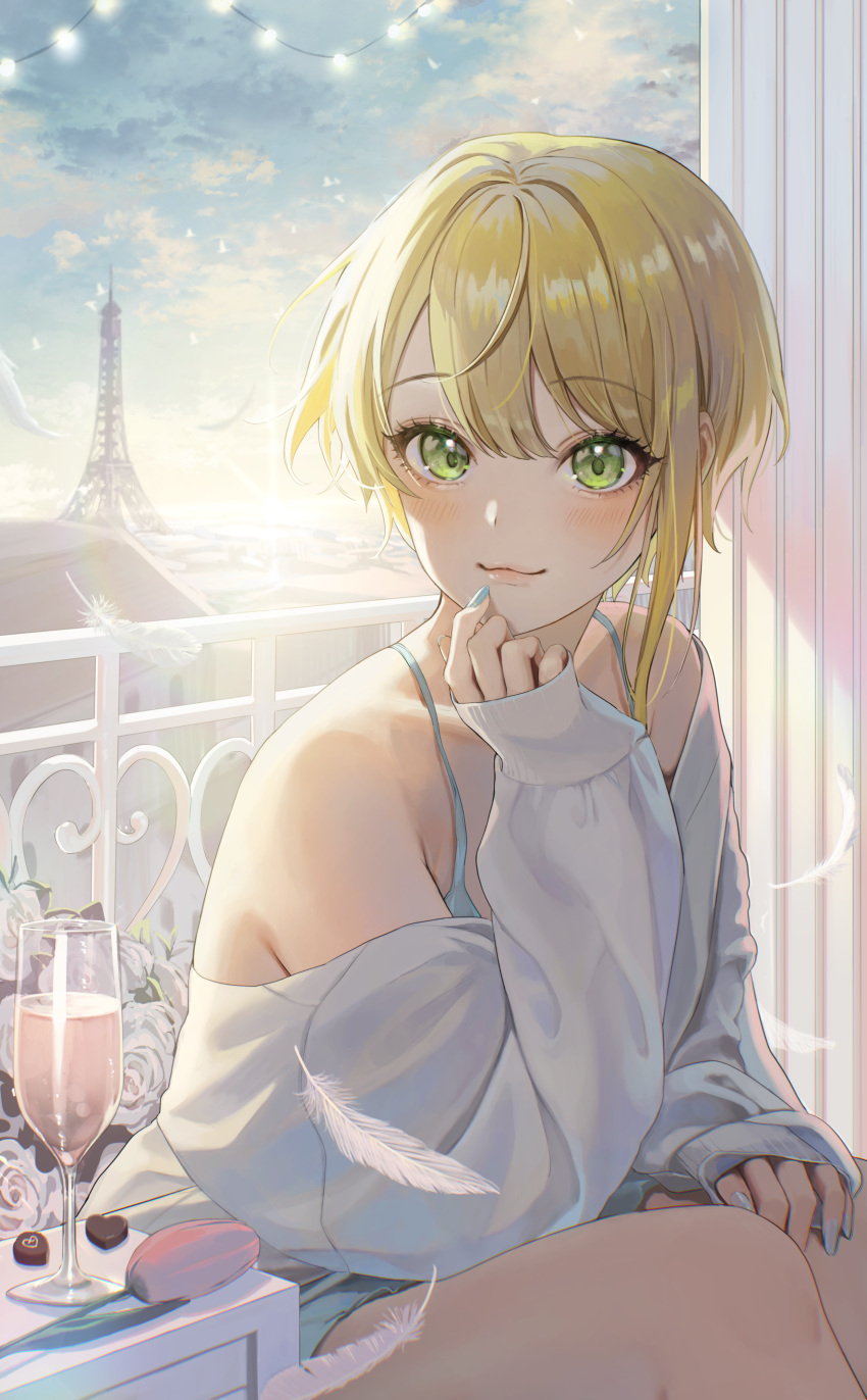 1girl :3 absurdres backlighting bare_shoulders blonde_hair blue_bra blue_nails blush bra candy champagne_flute chocolate chocolate_heart closed_mouth collarbone commentary cup day drinking_glass eiffel_tower feathers fingernails flower food green_eyes heart highres idolmaster idolmaster_cinderella_girls long_fingernails long_sleeves looking_at_viewer magako miyamoto_frederica off-shoulder_sweater off_shoulder pink_flower profile short_hair single_sidelock sitting sleeves_past_wrists smile solo sunlight sweater swimsuit tulip underwear white_swimsuit window