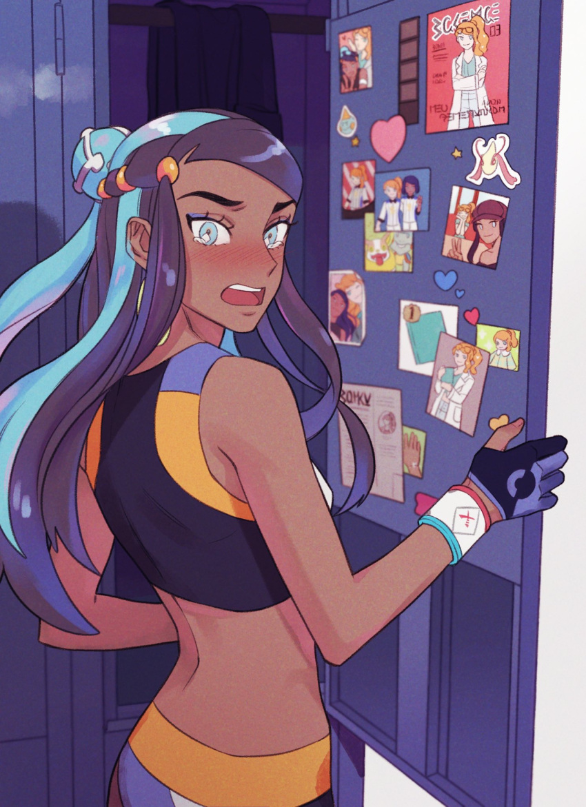 1girl bike_shorts black_hair blue_eyes blue_eyeshadow blue_hair blush chatea dark_skin dark-skinned_female dynamax_band embarrassed eyelashes eyeshadow gloves gym_leader hair_bun highres locker long_hair looking_to_the_side makeup multicolored_hair nessa_(pokemon) open_mouth partially_fingerless_gloves photo_(object) pokemon pokemon_(game) pokemon_swsh solo symbol_commentary tearing_up teeth tongue two-tone_hair