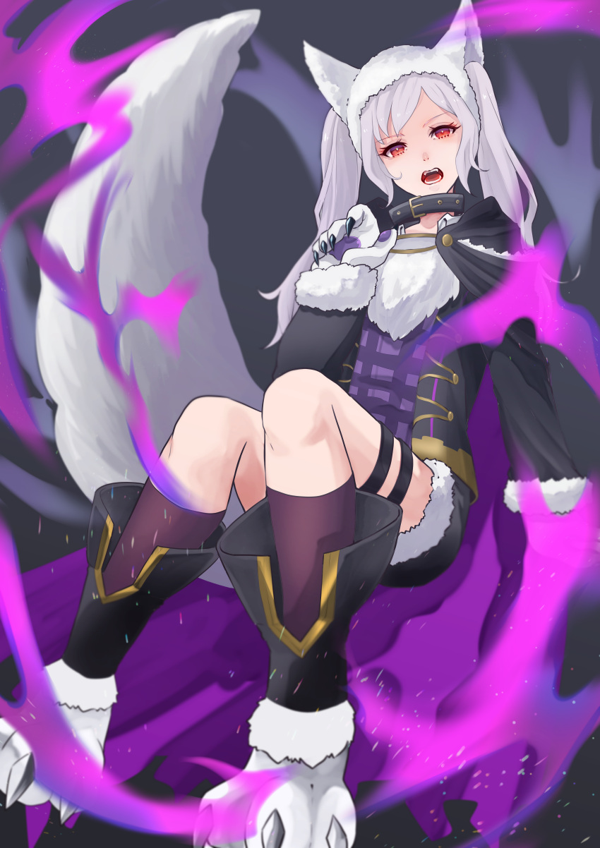 1girl absurdres animal_ears aura collar dark_aura fire_emblem fire_emblem_awakening fire_emblem_heroes fur_trim gloves grima_(fire_emblem) halloween_costume highres long_sleeves open_mouth paw_gloves paws red_eyes robin_(fire_emblem) robin_(fire_emblem)_(female) shorts solo tail thigh_strap twintails tyotto_ko_i white_hair wolf_ears wolf_tail