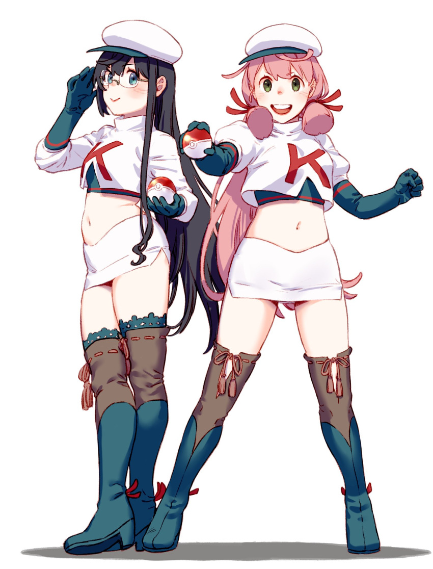 2girls akashi_(kancolle) alternate_costume black_hair blue_eyes blush breasts commentary_request cosplay elbow_gloves full_body glasses gloves green_eyes hair_ornament hair_ribbon hat highres holding holding_poke_ball james_(pokemon) james_(pokemon)_(cosplay) jessie_(pokemon) jessie_(pokemon)_(cosplay) kantai_collection long_hair long_sleeves looking_at_viewer midriff multiple_girls navel ooyodo_(kancolle) open_mouth pink_hair poke_ball pokemon pokemon_(anime) ribbon semi-rimless_eyewear skirt smile team_rocket team_rocket_uniform thigh-highs under-rim_eyewear uyama_hajime