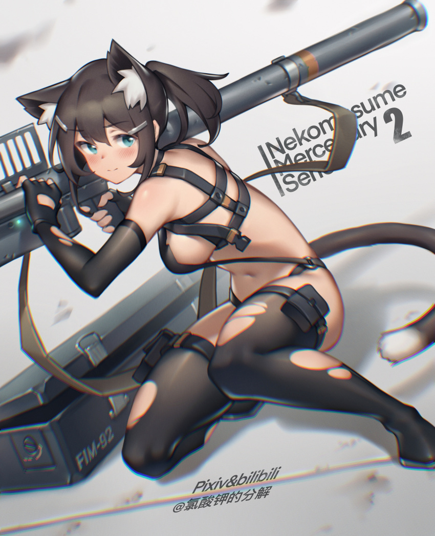 &gt;:) 1girl absurdres animal_ear_fluff animal_ears artist_name bare_shoulders bilibili_xiaolu black_footwear black_gloves blue_eyes blush boots breasts cat_ears cat_girl cat_tail chromatic_aberration closed_mouth fim-92_stinger gloves gun hair_ornament hairclip highres holding holding_gun holding_weapon long_hair medium_breasts navel one_knee original revealing_clothes rocket_launcher short_ponytail sideboob smile solo tail thigh-highs thigh_boots v-shaped_eyebrows weapon weapon_case