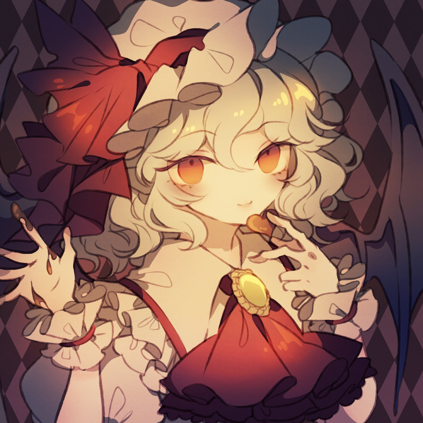 1girl bat_wings brooch candy chocolate chocolate_heart commentary cravat food hands_up hat hat_ribbon heart highres holding jewelry looking_at_viewer mob_cap red_eyes red_neckwear red_ribbon remilia_scarlet ribbon shirt short_hair smile solo symbol_commentary touhou upper_body white_headwear wings wiriam07 wrist_cuffs