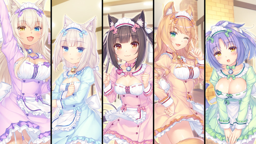 animal_ears bell bell_collar cafe cat cat_cafe cat_ears cat_tail chocola_(nekopara) cinnamon_(nekopara) coconut_(nekopara) collar highres jingle_bell maple_(nekopara) nekopara sayori_(neko_works) tail vanilla_(nekopara) waitress