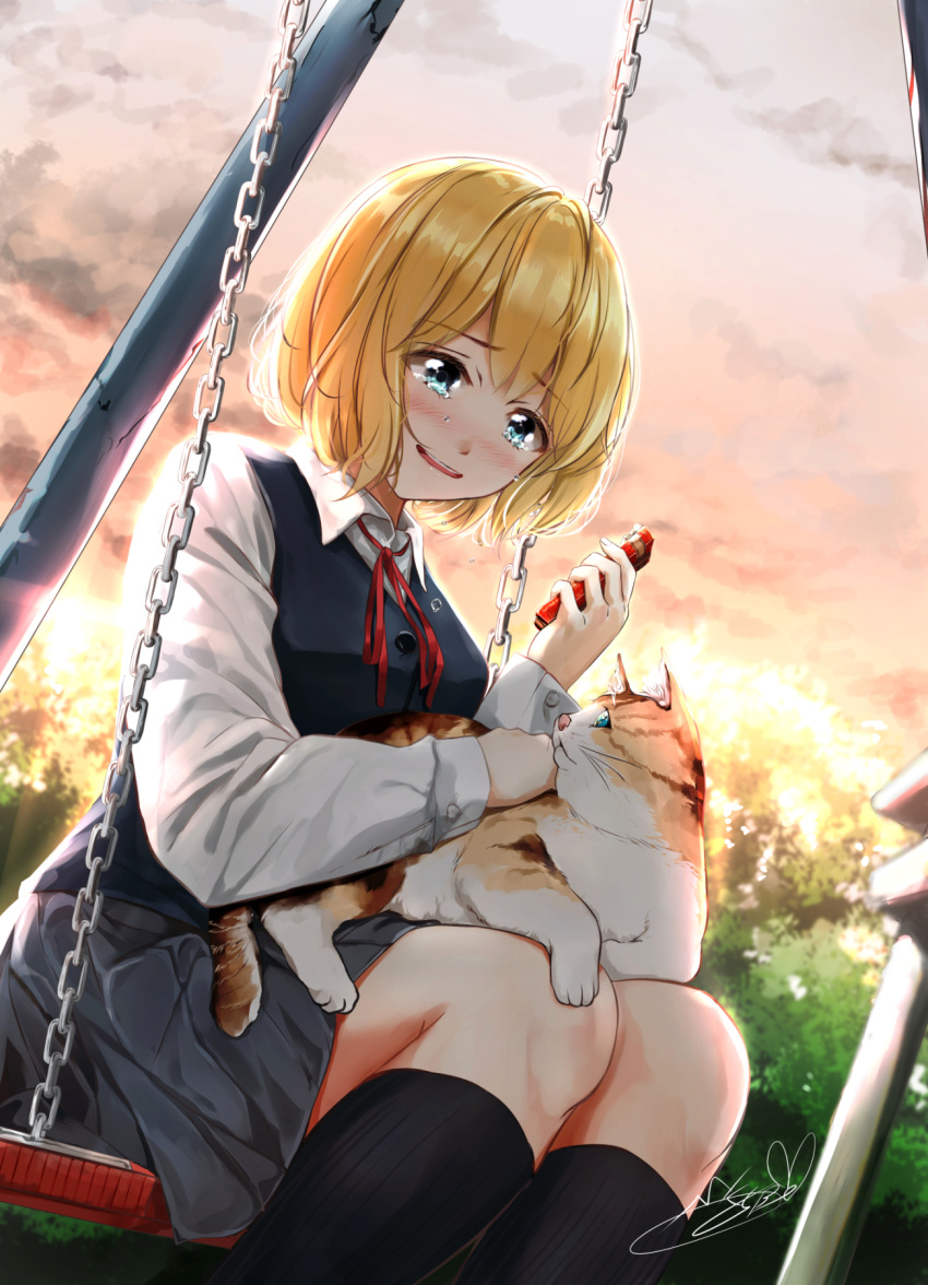1girl animal_on_lap bangs black_legwear black_skirt black_vest blonde_hair blue_eyes blush box cat cat_on_lap chain clouds cloudy_sky column commentary_request dutch_angle eyebrows_visible_through_hair feet_out_of_frame from_below gift gift_box hand_rest highres holding holding_gift kneehighs long_sleeves looking_at_animal looking_down open_mouth original outdoors pillar pink_sky red_neckwear red_ribbon ribbon school_uniform shirt short_hair signature sitting skirt sky solo soragane_(banisinngurei) swing tearing_up twilight upper_teeth valentine vest white_shirt
