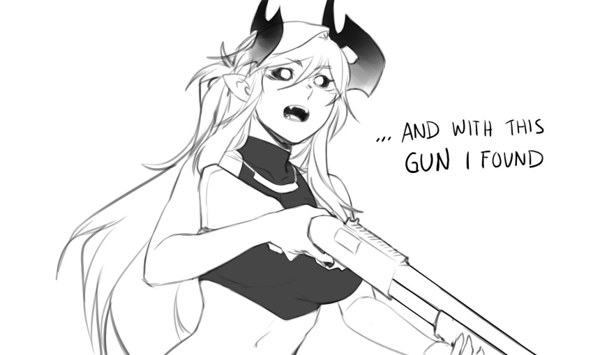 ... 1girl aiko_(less) bare_shoulders black_sclera breasts colored_sclera demon_girl demon_horns english_text gun hair_between_eyes highres holding holding_gun holding_weapon horns jewelry large_breasts less monochrome navel necklace original pointy_ears pump_action shotgun simple_background sleeveless solo teeth tongue upper_body weapon white_background