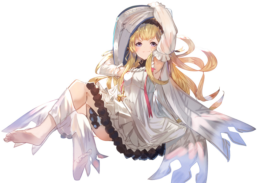 &gt;:) 1girl arm_up armpits bangs bare_shoulders barefoot blonde_hair blush breasts cagliostro_(granblue_fantasy) closed_mouth commentary_request detached_sleeves dress eyebrows_visible_through_hair full_body granblue_fantasy highres long_hair long_sleeves puffy_long_sleeves puffy_sleeves see-through see-through_sleeves simple_background sleeveless sleeveless_dress small_breasts smile soles solo tota_(sizukurubiks) v-shaped_eyebrows very_long_hair violet_eyes white_background white_dress white_sleeves