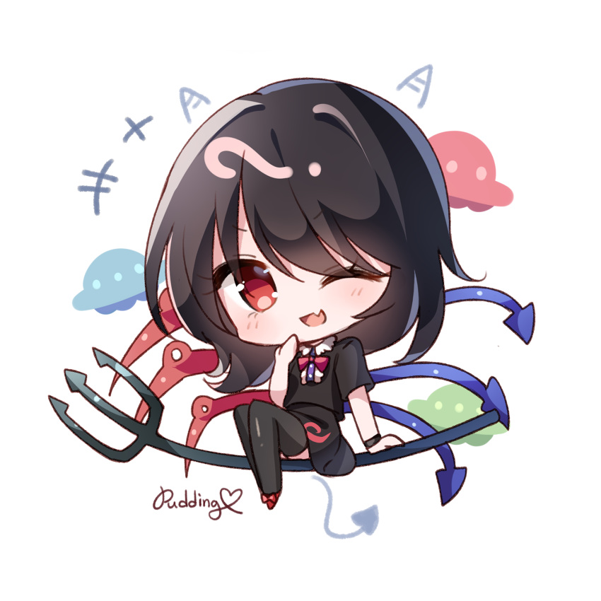 +++ 1girl artist_name asymmetrical_wings black_hair black_shirt black_skirt blue_wings bow bowtie chibi commentary_request demon_tail fang hand_up highres horns houjuu_nue laughing medium_hair one_eye_closed open_mouth polearm pudding_(skymint_028) red_bow red_eyes red_footwear red_neckwear red_wings shirt shoe_bow shoes short_sleeves sitting skin_fang skirt skirt_set smile solo tail touhou trident ufo weapon wings wristband