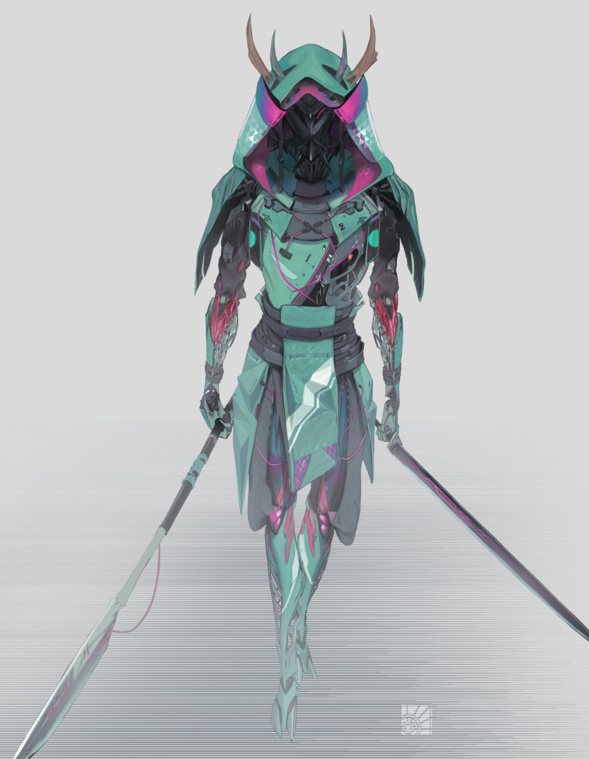 antlers armor full_body grey_background helmet highres holding holding_weapon hood hood_down horns mask mechanical_arms mechanical_parts no_humans original polearm robot simple_background solo standing sword toriseka weapon