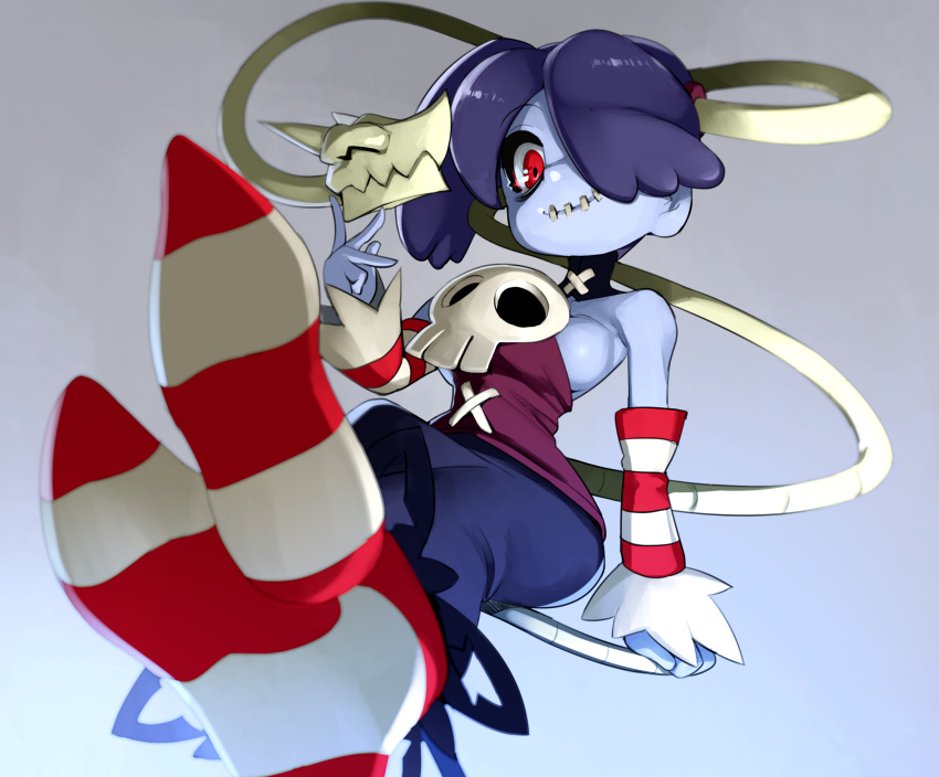 1girl bare_shoulders blue_background blue_hair breasts commentary feet foot_focus gradient gradient_background hair_over_one_eye highres leviathan_(skullgirls) looking_at_viewer medium_breasts naze red_eyes short_hair skull skullgirls smile squigly_(skullgirls) stitched_mouth stitches striped striped_legwear thigh-highs zombie