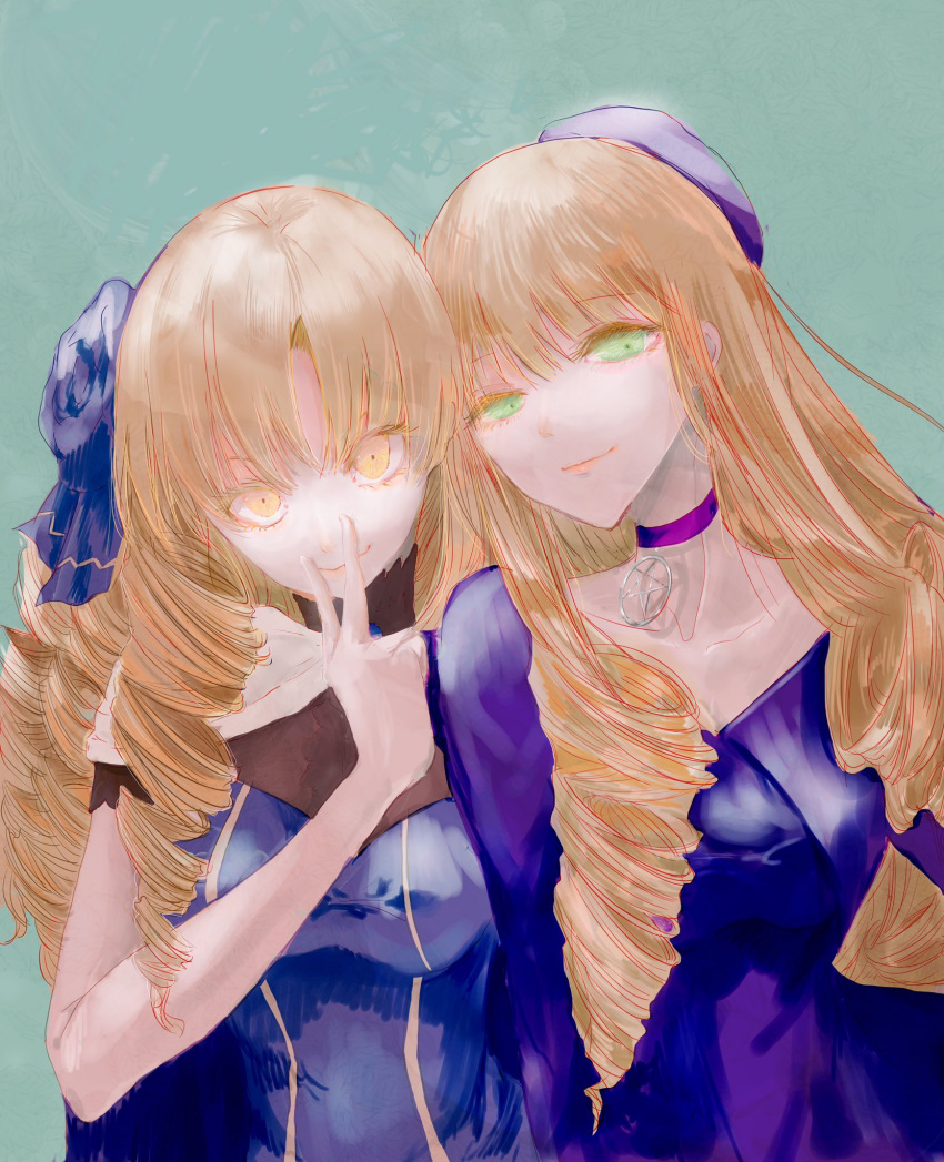 2girls adilisia_lenn_mathers beret blonde_hair breasts choker commentary_request dress drill_hair fate/hollow_ataraxia fate_(series) green_eyes hat hato_popo0 highres long_hair luviagelita_edelfelt multiple_girls purple_choker purple_dress purple_headwear purple_ribbon rental_magica ribbon sketch tilted_headwear v yellow_eyes