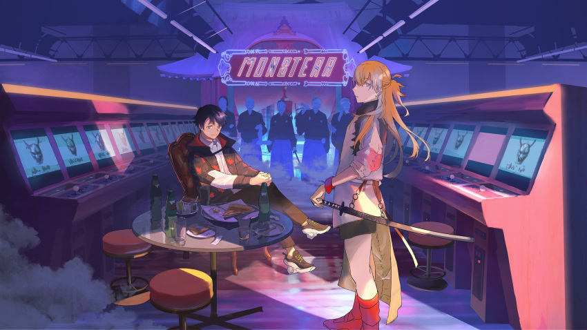 1girl 6+boys absurdres arcade black_pants bottle chair crossed_legs cup faceless faceless_male highres holding holding_sword holding_weapon huge_filesize indoors multiple_boys noasa original pants pizza_slice red_footwear scenery shoes sitting sneakers standing sword table weapon