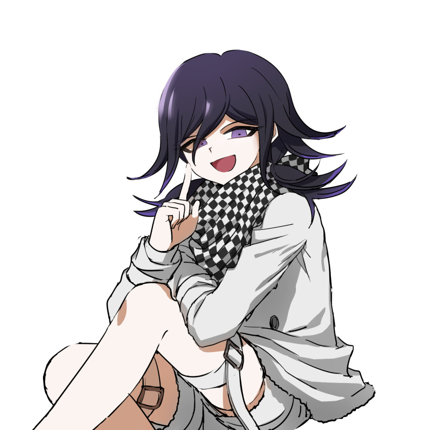 1girl :d bangs black_hair checkered checkered_scarf dangan_ronpa_(series) dangan_ronpa_v3:_killing_harmony feet_out_of_frame genderswap genderswap_(mtf) hair_between_eyes highres index_finger_raised jacket long_sleeves looking_at_viewer low_twintails medium_hair no_(xpxz7347) open_mouth ouma_kokichi purple_hair scarf shorts simple_background sitting smile solo straitjacket thigh_strap twintails violet_eyes white_background white_jacket white_shorts