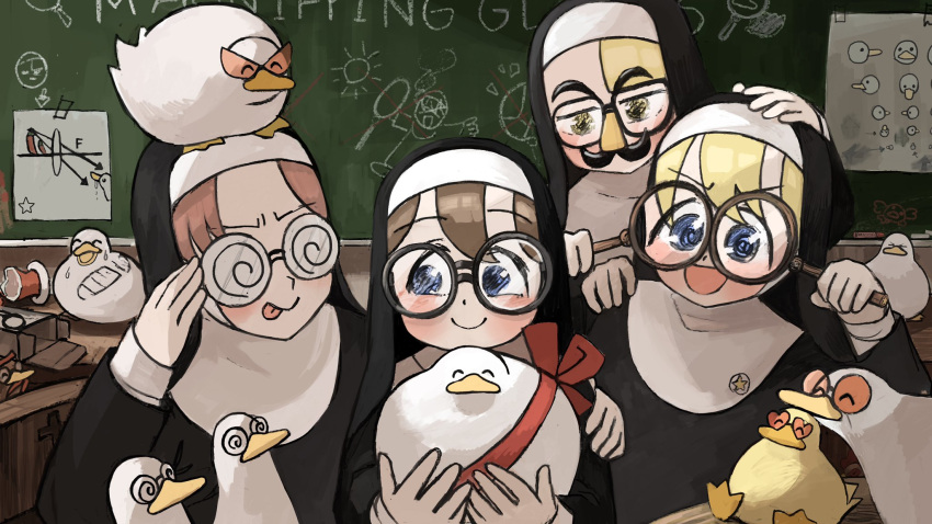 &gt;_&lt; 4girls :d :p ^_^ animal_on_hand animal_on_head bird blonde_hair blue_eyes box broken_vase brown_hair catholic chalkboard chicken chili_pepper closed_eyes coke-bottle_glasses commentary diva_(hyxpk) drawing duck duckling english_commentary eye_chart food food_on_head funny_glasses geometry glasses habit hand_on_another's_head hand_on_another's_shoulder heart heart-shaped_eyewear highres holding holding_eyewear holding_magnifying_glass kamina_shades little_nun_(diva) looking_to_the_side magnifying_glass mouth_hold multiple_girls nun object_on_head on_head open_mouth pince-nez redhead ribbon round_eyewear shoe_print smile star_(symbol) sticker sun tongue tongue_out vase x yellow_eyes