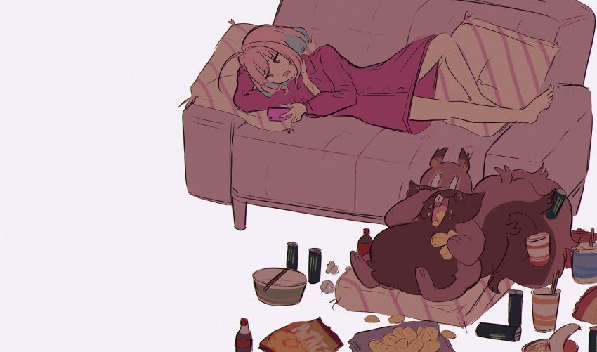 1girl ahoge bangs bare_legs barefoot breasts can chips commentary couch dress eating food gen_8_pokemon grey_background hair_intakes hamachamu highres hooded_cardigan idolmaster idolmaster_cinderella_girls large_breasts lying multicolored_hair on_side one_eye_closed open_mouth pillow pink_eyes pink_hair pokemon pokemon_(creature) pokemon_(game) pokemon_swsh potato_chips purple_dress short_hair simple_background skwovet two-tone_hair yumemi_riamu