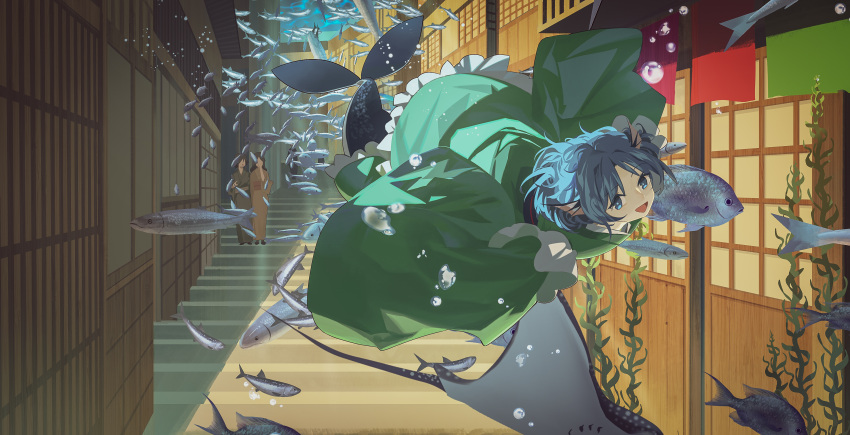 3girls absurdres blue_eyes blue_hair brown_hair bubble fish green_kimono happy head_fins highres japanese_clothes kimono long_hair looking_at_viewer mermaid monster_girl multiple_girls open_mouth ouka_musci scenery seaweed sliding_doors smile stairs stingray swimming touhou underwater vanishing_point wakasagihime yukata