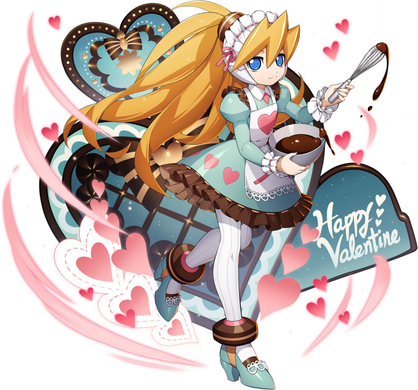 1girl apron bangs blonde_hair blue_dress blue_eyes box box_of_chocolates candy chocolate chocolate_heart ciel_(rockman) dress food frilled_dress frills full_body gloves hair_between_eyes hair_ornament happy_valentine headgear heart heart-shaped_box helmet high_heels high_ponytail highres long_hair looking_at_viewer maid maid_apron maid_headdress mizuno_keisuke obligation_chocolate official_art ponytail rockman rockman_x_dive rockman_zero smile solo striped striped_legwear third-party_source transparent_background valentine