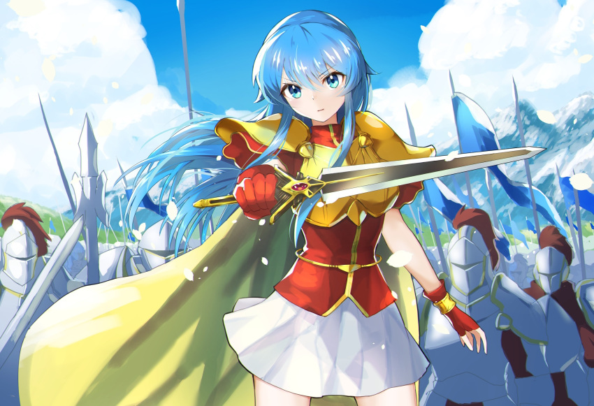 1girl aqua_hair armor blue_eyes blue_sky breastplate eirika_(fire_emblem) fingerless_gloves fire_emblem fire_emblem:_the_sacred_stones full_armor gloves helmet highres holding holding_sword holding_weapon kawazu_(pixiv22469761) knight long_hair outdoors plate_armor polearm red_gloves short_sleeves shoulder_armor skirt sky solo_focus spear sword weapon white_skirt