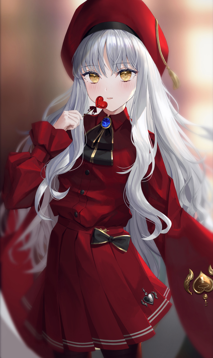 1girl absurdres bangs beret black_legwear blush breasts brooch candy caren_hortensia caren_hortensia_(amor_caren) dress fate/grand_order fate_(series) food hat highres jewelry lollipop long_hair long_sleeves looking_at_viewer narukamiarei neck_ribbon pantyhose parted_lips red_dress red_headwear ribbon shawl small_breasts thighs wavy_hair white_hair yellow_eyes