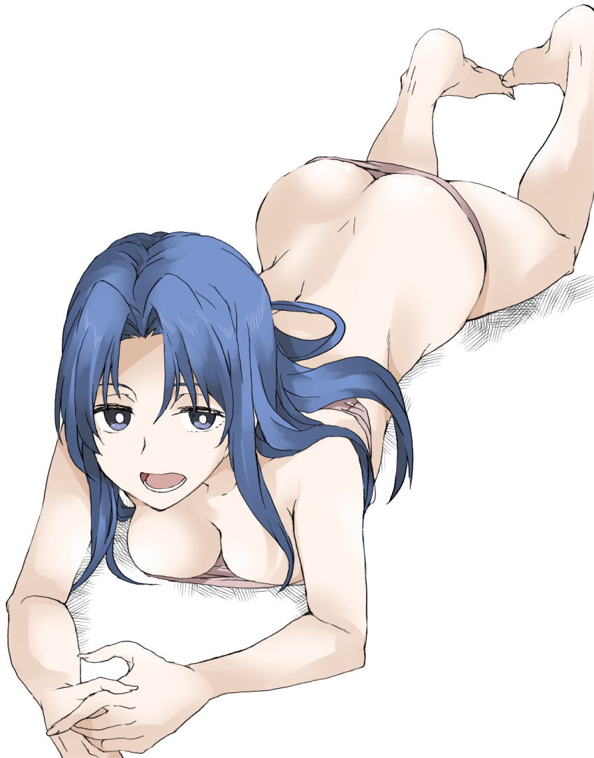 1girl ass blue_eyes blue_hair bra breasts butt_crack elf_(stroll_in_the_woods) highres kawashima_ami long_hair looking_at_viewer lying medium_breasts on_stomach panties pink_bra pink_panties solo the_pose toradora! underwear underwear_only
