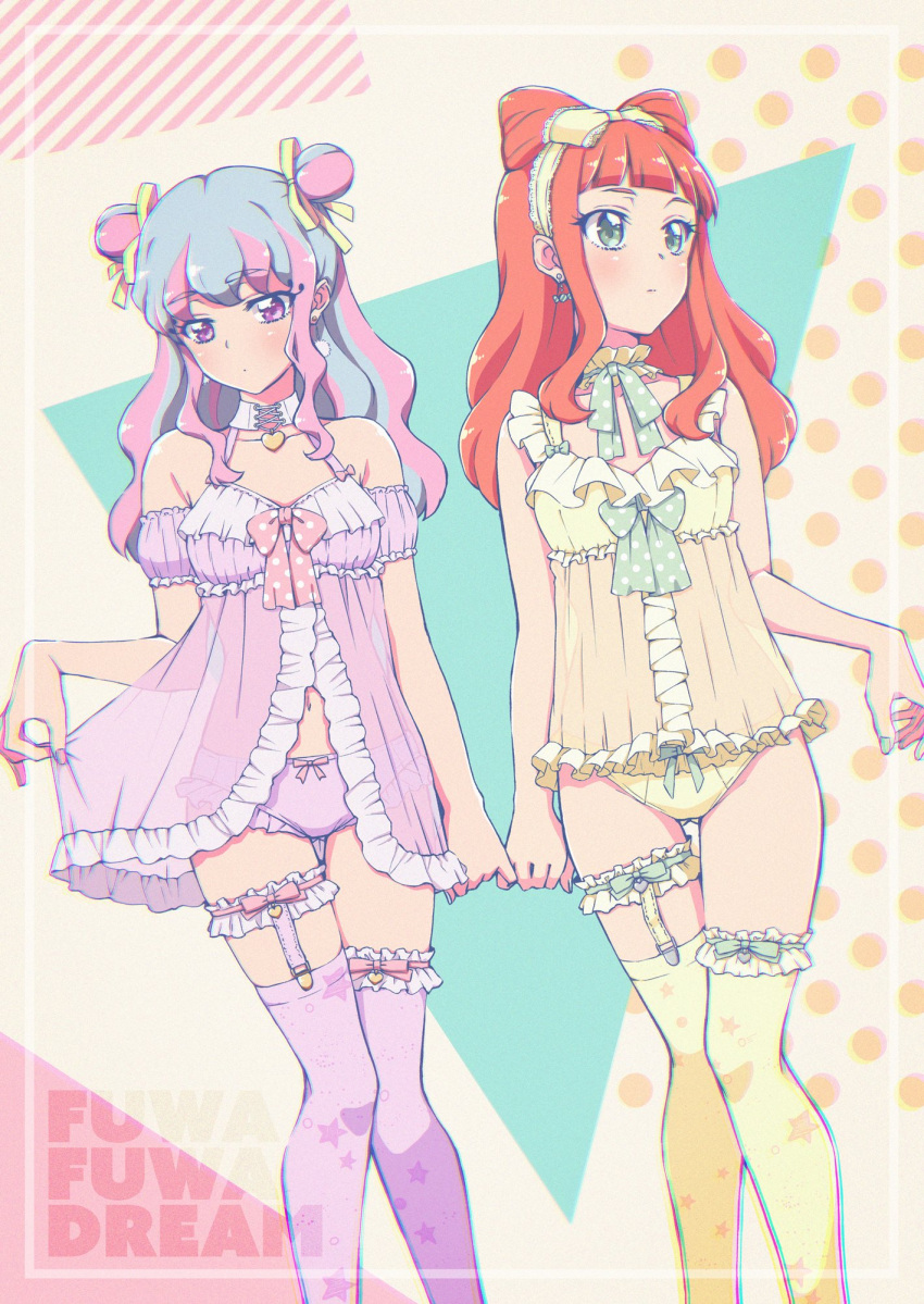 2girls aikatsu!_(series) aikatsu_stars! babydoll babydoll_lift bangs bare_shoulders blue_hair blunt_bangs blush bow bow_panties candy_earrings choker collarbone commentary_request cowboy_shot detached_sleeves double_bun earrings eyebrows_visible_through_hair eyelashes frilled_babydoll frilled_choker frilled_hairband frilled_panties frilled_straps frills garter_straps green_bow green_eyes green_nails green_ribbon hair_bow hair_down hair_ribbon hairband hanazono_kirara heart heart_choker highres jewelry knees_together_feet_apart lingerie lips lipstick long_hair looking_away looking_down looking_to_the_side makeup moyashi_(m-planter) multicolored multicolored_background multicolored_hair multiple_girls nail_polish navel negligee orange_hair panties pink_bow pink_hair pink_lips pink_nails pinky_swear polka_dot polka_dot_background polka_dot_bow polka_dot_ribbon pom_pom_(clothes) pom_pom_earrings purple_babydoll purple_legwear purple_panties ribbon ribbon_choker saotome_ako see-through shiny shiny_hair shiny_skin sidelocks spaghetti_strap star_(symbol) star_print streaked_hair thigh-highs thigh_gap thigh_strap underwear underwear_only yellow_bow yellow_hairband yellow_panties yellow_ribbon yuri